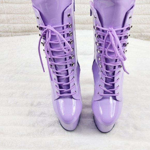 Lavender Lilac Purple Patent Platform 7" Heel Lace Up Ankle Boots - Picture 8 of 13